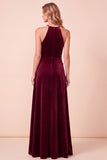 Burgundy A-Line Halter Velvet 3D Flower Long Formal Dress with Beading
