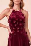 Burgundy A-Line Halter Velvet 3D Flower Long Formal Dress with Beading