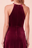 Burgundy A-Line Halter Velvet 3D Flower Long Formal Dress with Beading