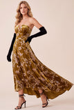 Mustard Gold A-Line Strapless V-Neck Velvet High-Low Formal Dress
