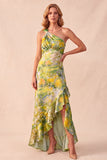 Yellow Printed Sheath One Shoulder High-Low Formal Dress with Ruffles