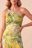 Yellow Printed Sheath One Shoulder High-Low Formal Dress with Ruffles
