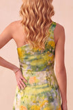 Yellow Printed Sheath One Shoulder High-Low Formal Dress with Ruffles