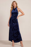 Navy Sheath Cowl Neck High Low Velvet Maxi Formal Dress with Draping