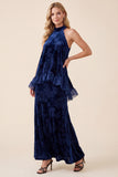 Navy A-Line Halter Velvet Maxi Formal Dress with Ruffles