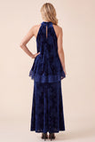 Navy A-Line Halter Velvet Maxi Formal Dress with Ruffles