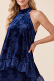 Navy A-Line Halter Velvet Maxi Formal Dress with Ruffles