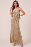 Champagne Sheath High Neck Velvet Ruffled Maxi Formal Dress