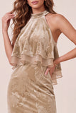 Champagne Sheath High Neck Velvet Ruffled Maxi Formal Dress