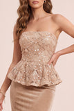 Khaki Mermaid Strapless Velvet Sequins Long Formal Dress with Appliques