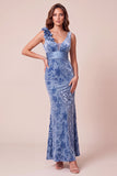 Blue Mermaid V-Neck Velvet Asymmetrical Tulle Long Formal Dress with 3D Flower
