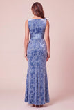 Blue Mermaid V-Neck Velvet Asymmetrical Tulle Long Formal Dress with 3D Flower