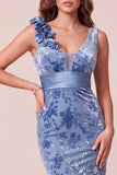 Blue Mermaid V-Neck Velvet Asymmetrical Tulle Long Formal Dress with 3D Flower