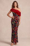 Red Mermaid Asymmetrical One Shoulder Velvet Printed Maxi Formal Dress