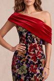 Red Mermaid Asymmetrical One Shoulder Velvet Printed Maxi Formal Dress