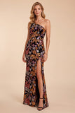 Black Sheath One Shoulder Sequins Embroidery Long Formal Dress with Slit