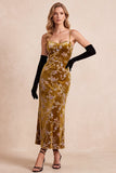 Mustard Gold Sheath Spaghetti Straps Velvet Printed Maxi Formal Dress