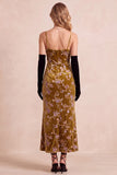 Mustard Gold Sheath Spaghetti Straps Velvet Printed Maxi Formal Dress