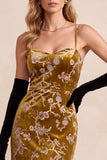 Mustard Gold Sheath Spaghetti Straps Velvet Printed Maxi Formal Dress