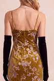 Mustard Gold Sheath Spaghetti Straps Velvet Printed Maxi Formal Dress