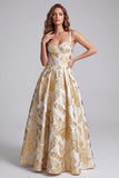 Champagne Corset A-Line Jacquard Thick Straps Maxi Formal Dress