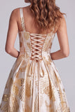 Champagne Corset A-Line Jacquard Thick Straps Maxi Formal Dress