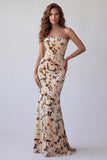 Champagne Printed Velvet Strapless Mermaid Maxi Formal Dress
