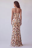 Champagne Printed Velvet Strapless Mermaid Maxi Formal Dress