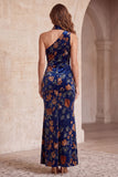 Dark Blue Sheath One Shoulder Velvet Printed Maxi Formal Dress