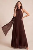Chocolates A-Line Halter Chiffon Pleated Maxi Formal Dress with 3D Flower