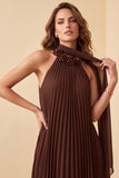 Chocolates A-Line Halter Chiffon Pleated Maxi Formal Dress with 3D Flower