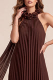 Chocolates A-Line Halter Chiffon Pleated Maxi Formal Dress with 3D Flower