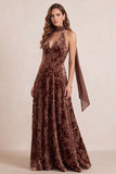 Chocolates A-Line Velvet Halter Floral V-Neck Maxi Formal Dress with Chiffon Sash