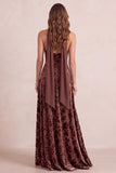 Chocolates A-Line Velvet Halter Floral V-Neck Maxi Formal Dress with Chiffon Sash