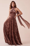 Chocolates Corset Velvet Halter A-Line Maxi Formal Dress with Chiffon Sash