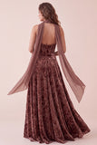 Chocolates Corset Velvet Halter A-Line Maxi Formal Dress with Chiffon Sash