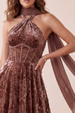 Chocolates Corset Velvet Halter A-Line Maxi Formal Dress with Chiffon Sash