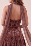 Chocolates Corset Velvet Halter A-Line Maxi Formal Dress with Chiffon Sash