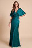 Peacock Green Sheath V-Neck Flutter Sleeves Satin Maxi Formal Dress with 3D Flower
