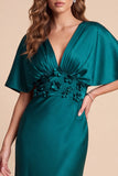 Peacock Green Sheath V-Neck Flutter Sleeves Satin Maxi Formal Dress with 3D Flower