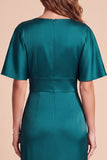 Peacock Green Sheath V-Neck Flutter Sleeves Satin Maxi Formal Dress with 3D Flower