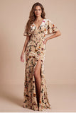Champagne Corset Velvt V-Neck Printed Maxi Formal Dress with Side Slit