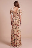 Champagne Corset Velvt V-Neck Printed Maxi Formal Dress with Side Slit
