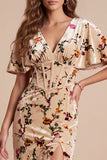 Champagne Corset Velvt V-Neck Printed Maxi Formal Dress with Side Slit