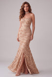 Champagne Mermaid Strapless Appliqued Long Formal Dress with Side Slit