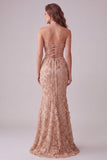Champagne Mermaid Strapless Appliqued Long Formal Dress with Side Slit