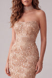 Champagne Mermaid Strapless Appliqued Long Formal Dress with Side Slit
