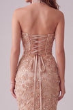 Champagne Mermaid Strapless Appliqued Long Formal Dress with Side Slit