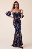 Dark Blue Velvet Corset Printed Mermaid Strapless Maxi Formal Dress with Detachable Puff Sleeves
