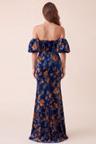 Dark Blue Velvet Corset Printed Mermaid Strapless Maxi Formal Dress with Detachable Puff Sleeves
